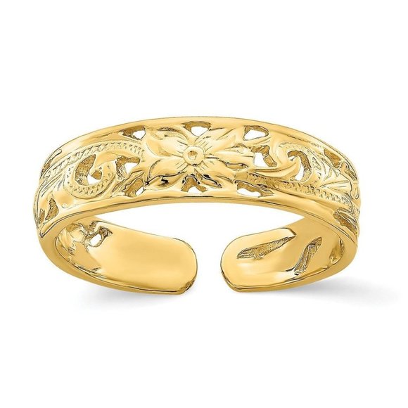 14k Yellow Gold Solid Toe Ring Adjustable Flower w/ Leaf Trim - Picture 1 of 4